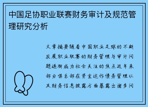 中国足协职业联赛财务审计及规范管理研究分析 中国足协职业联赛财务审计及规范管理研究分析