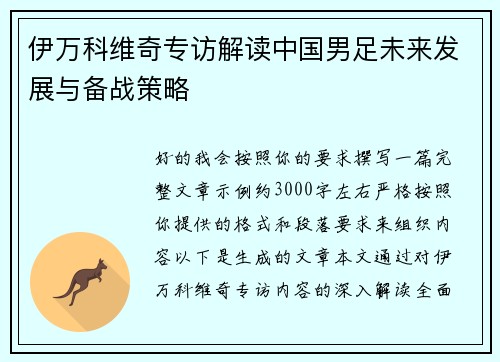 伊万科维奇专访解读中国男足未来发展与备战策略