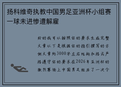扬科维奇执教中国男足亚洲杯小组赛一球未进惨遭解雇
